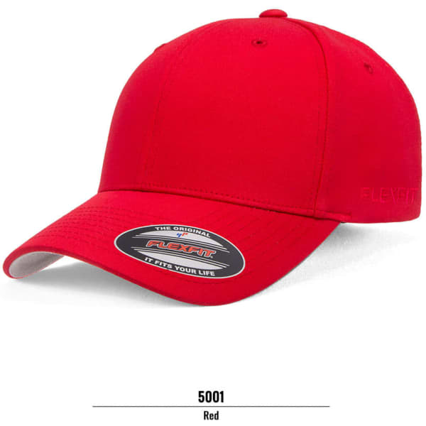 A red cap with a curved brim and a logo, featuring a fitted design.