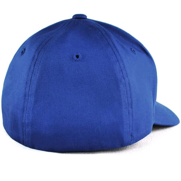 A blue cap with a smooth finish and ventilation holes at the back, featuring a logo.