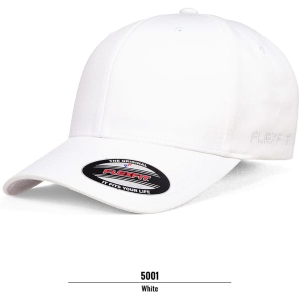 A white cap featuring an adjustable design and a branded logo on the front.