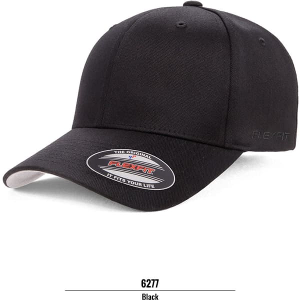 A black FLEXFIT cap with a curved brim and a logo on the side. Features a sleek, minimalist design.
