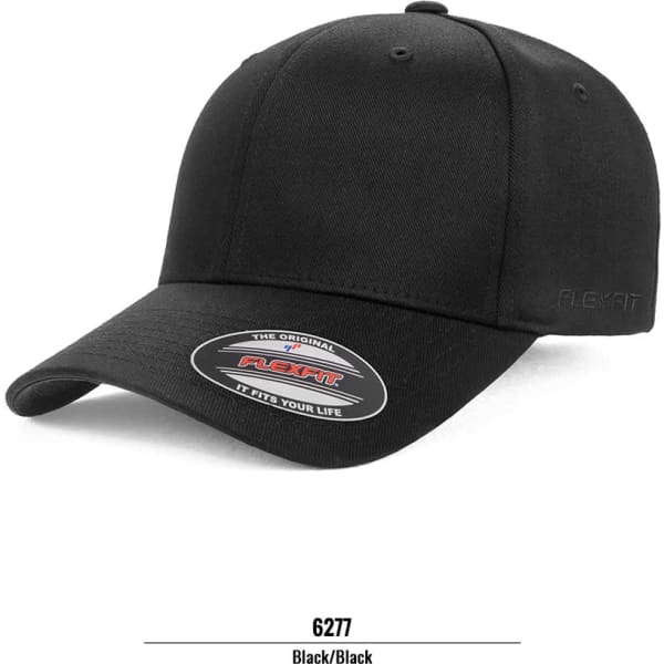 A black cap with a curved brim and an adjustable strap, featuring a logo on the front.