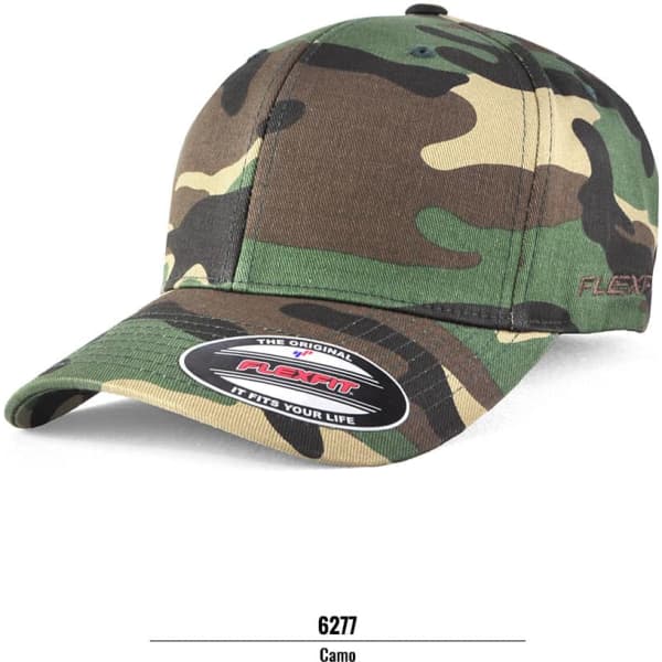 A camouflage cap with a curved brim and a logo on the side. It features a Flexfit band for comfort.