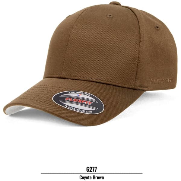 A brown cap with a curved brim and a logo on the side, featuring a fitted design.