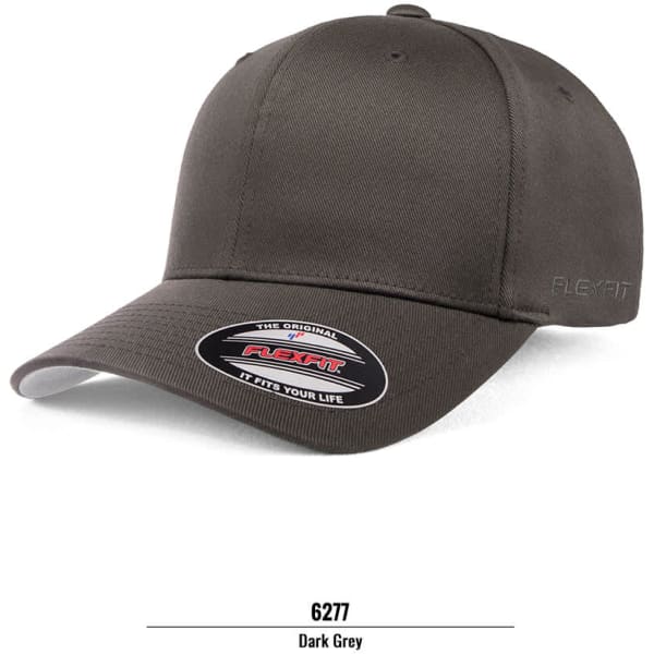A dark grey FLEXFIT cap with a structured design and a curved brim, featuring a logo.