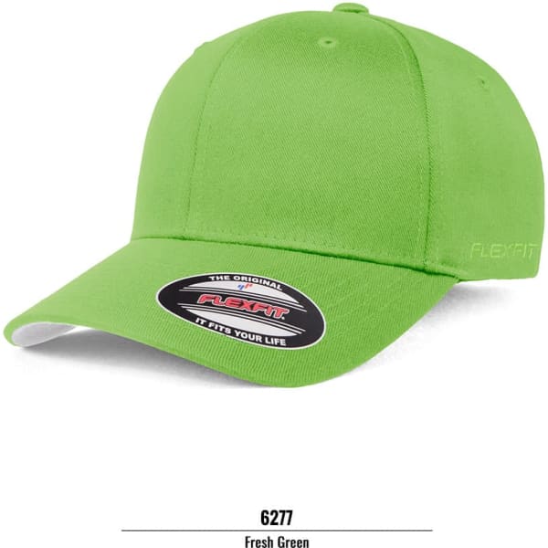 A green cap with a curved visor and an attached branding logo on the front.