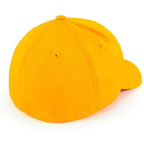 A yellow Flexfit cap featuring a curved brim and a fitted design, with a logo on the back.