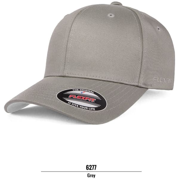 A grey FLEXFIT cap with a curved brim and logo detail.