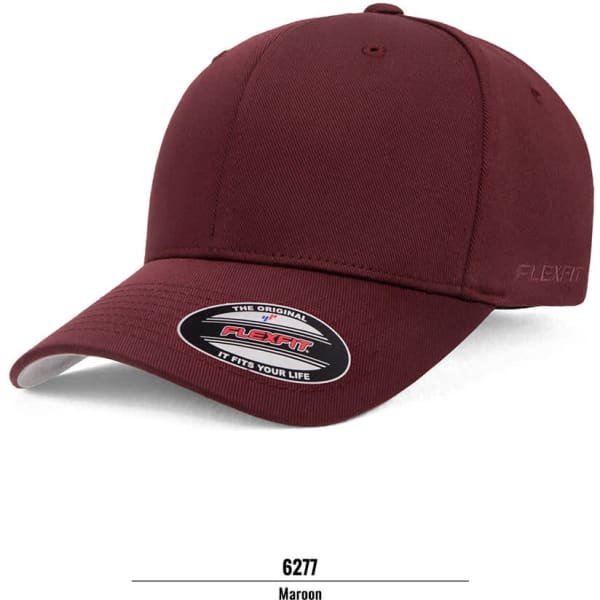 A maroon cap with a curved brim, featuring a logo and a smooth fabric finish.