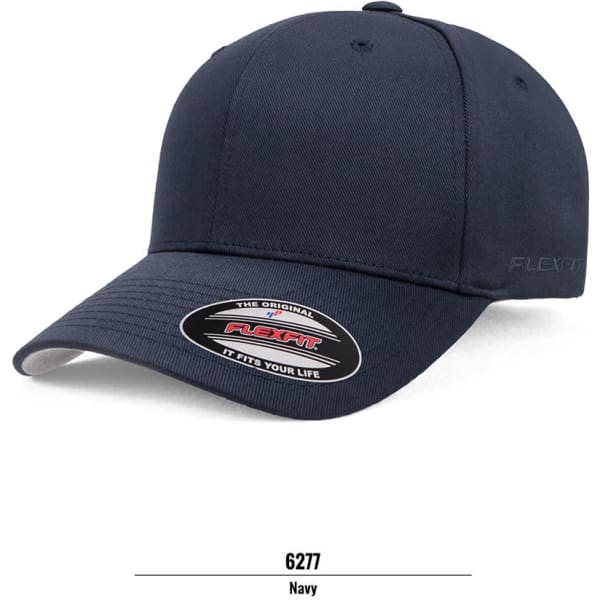 A navy cap with a structured design, featuring a curved brim and a logo on the front.
