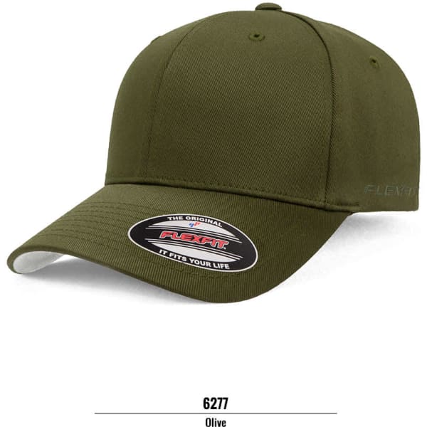 An olive green cap with a curved brim and a logo on the side. It features a fitted design for comfort.