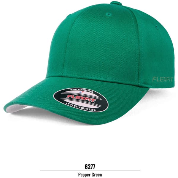 A green cap featuring a flexfit design and a logo on the front. The cap has a curved brim and a fitted style.