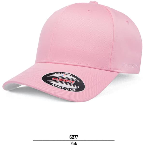 A pink FLEXFIT cap with a curved brim and a branded logo on the front.