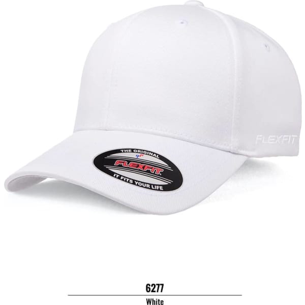 A white FLEXFIT cap featuring a curved brim and a logo on the side.