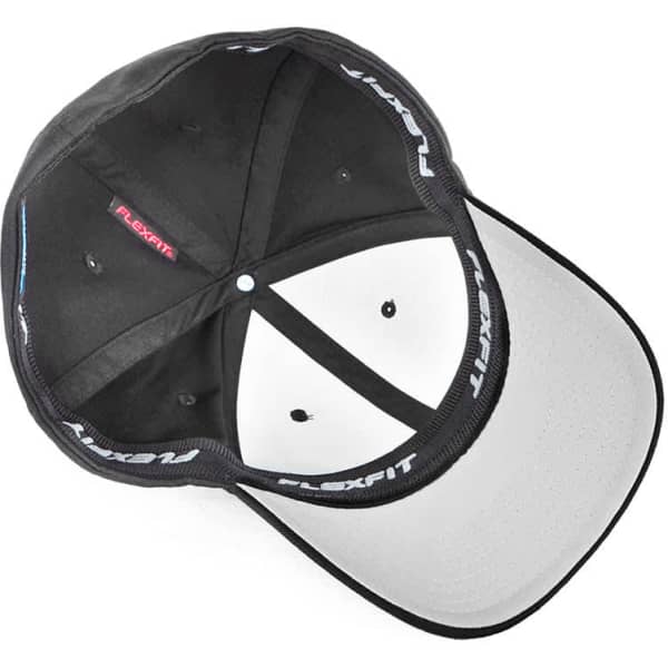 A black cap with a grey underside, featuring a branding label inside and stitching details.
