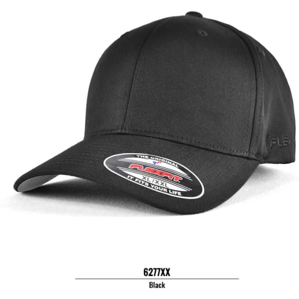 A black FLEXFIT cap with a sleek design and a logo, featuring a curved brim and a fitted style.
