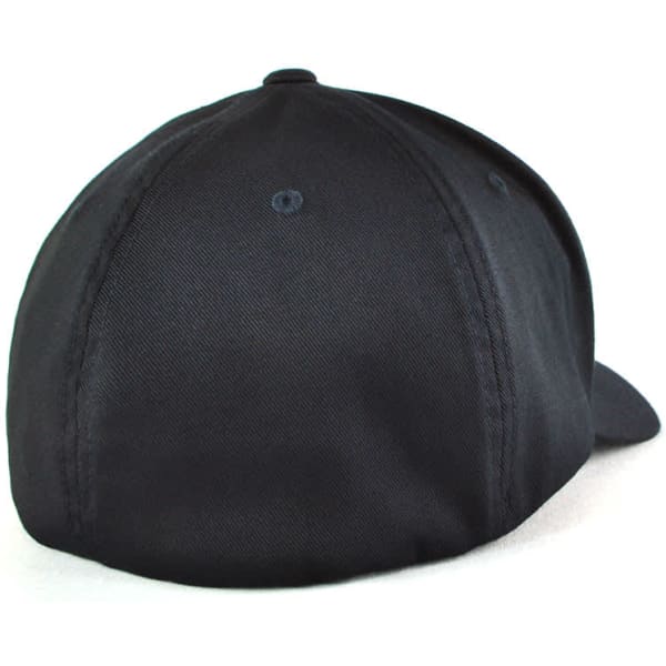 A black cap with a curved brim, featuring a logo on the back and a seamless design.