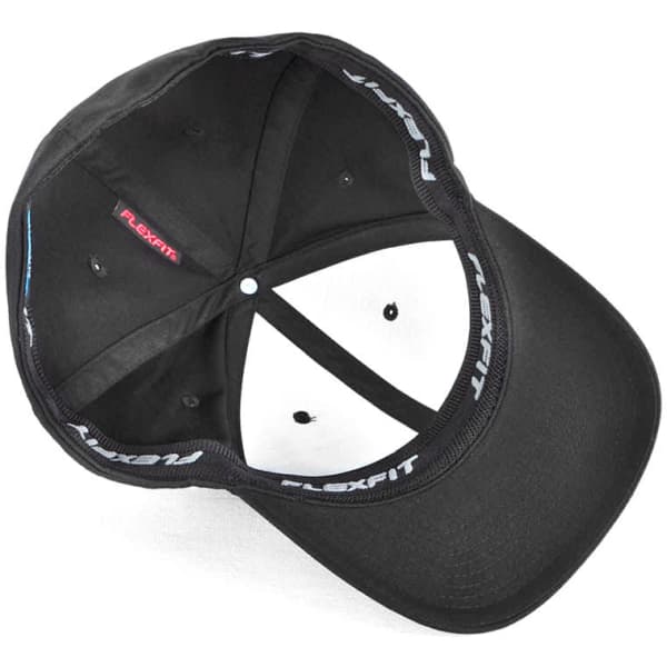 A black cap with a branded interior, featuring ventilation holes and a structured crown design.