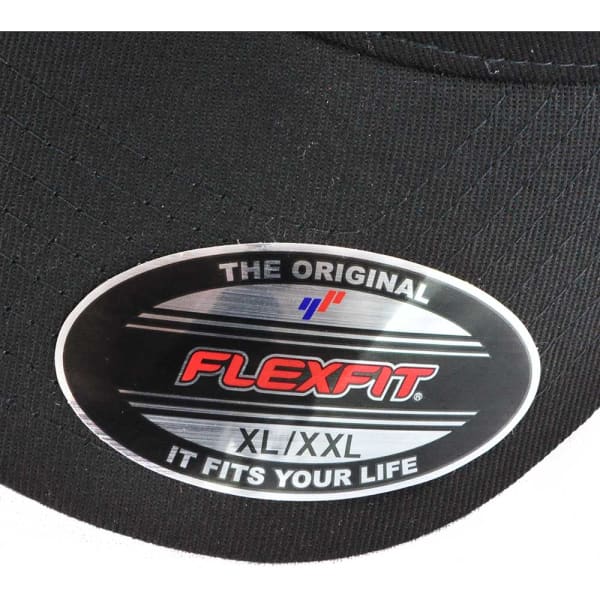 A black cap with a branded logo, featuring a label indicating size XL/XXL.