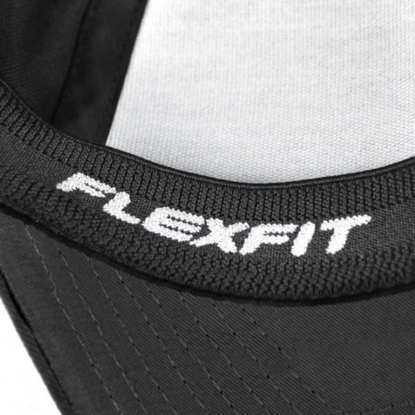 A black cap featuring a logo, showcasing the inside stitching and design details.