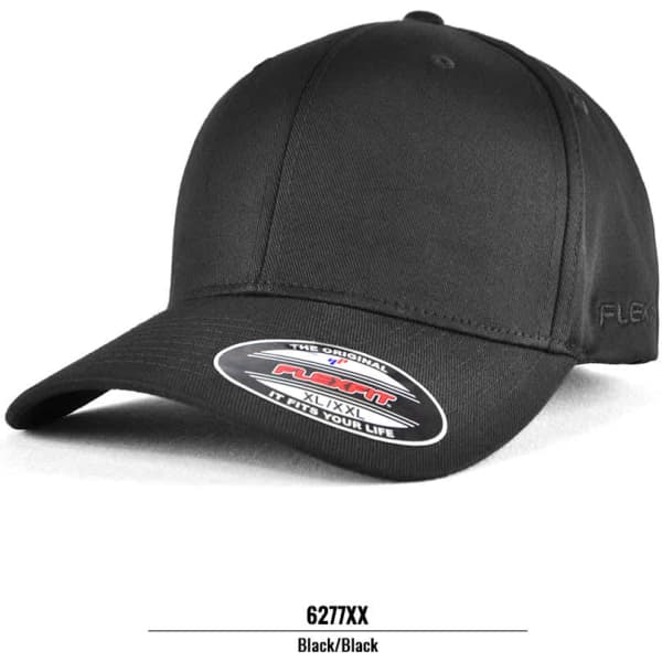 A black cap with a sleek design, featuring a logo and a smooth fabric finish.