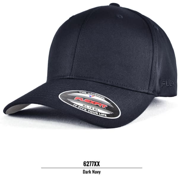 A dark navy cap with a curved brim and a logo on the side. It has a fitted design and smooth fabric.