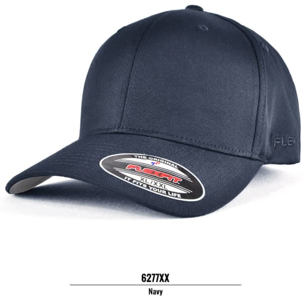 A navy cap featuring a fitted design and a branded logo on the side.