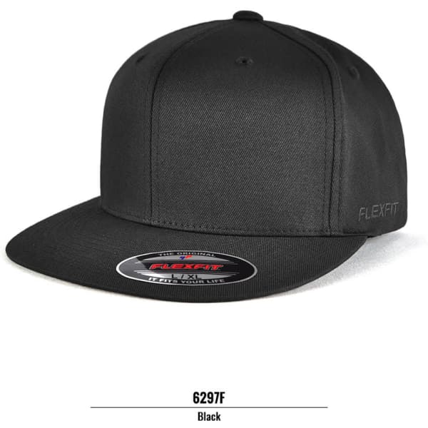 A black FLEXFIT cap with a structured design and a curved brim, featuring branding on the side.