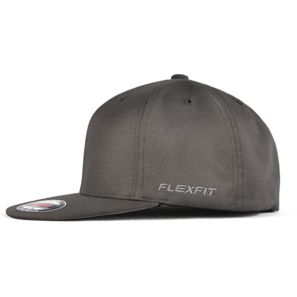 A grey FLEXFIT cap with a flat brim and subtle branding on the side.