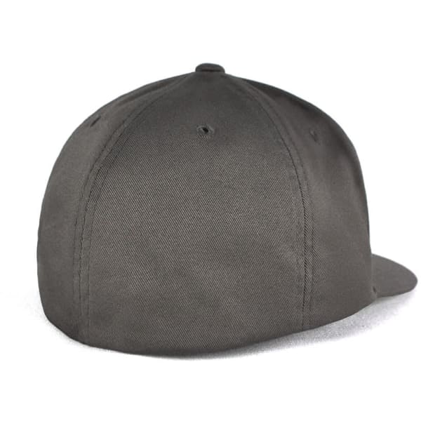 A grey cap with a rounded shape and a flat brim, featuring a logo on the side.
