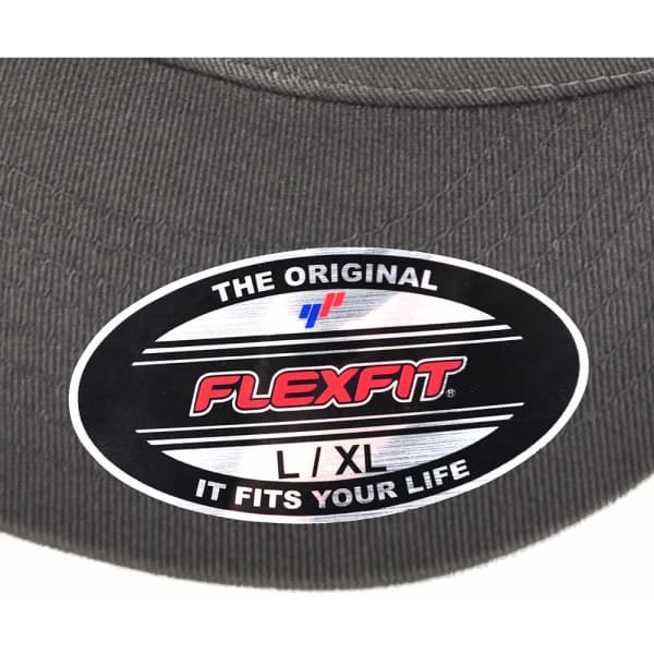 A grey FLEXFIT cap featuring a logo and a size label indicating L/XL.