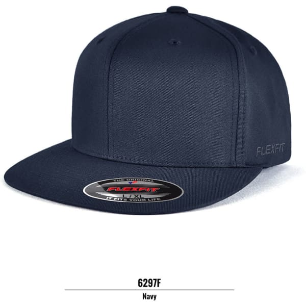 A navy cap from the FLEXFIT brand, featuring a flat brim and an adjustable closure, with a logo on the side.