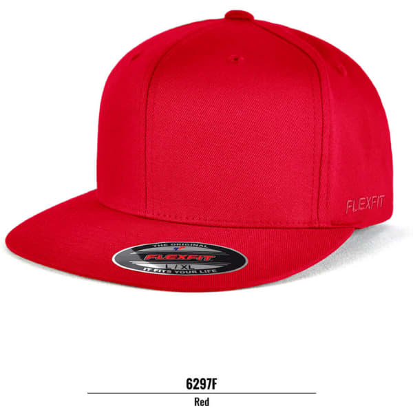 A red FLEXFIT cap with a flat brim and an adjustable size feature, featuring a logo.