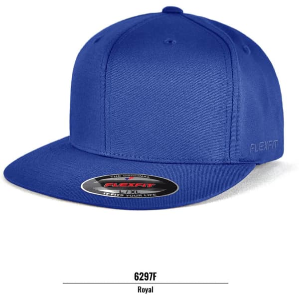 A blue FLEXFIT cap with a flat brim and a logo, showcasing a solid colour design.