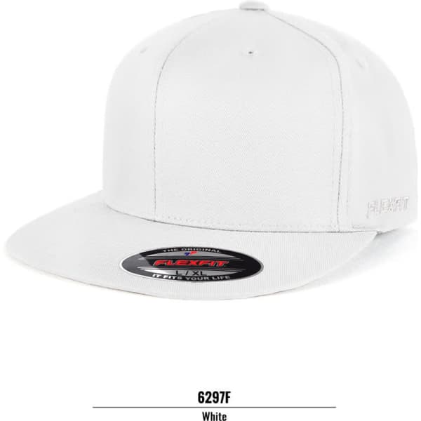 A white cap with a flat brim, featuring a logo and a structured design.
