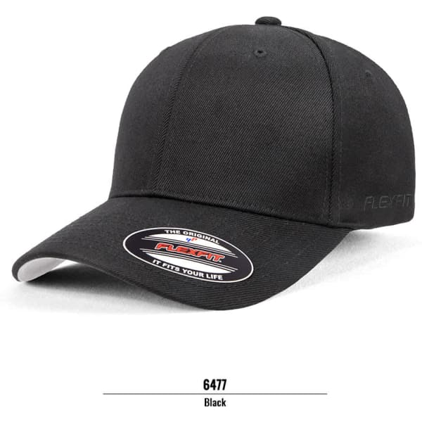 A black cap with a curved peak and a logo on the side. Features a fitted design for comfort.