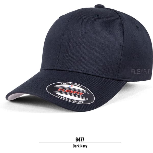 A dark navy cap featuring a fitted design and a logo. Ideal for casual wear or outdoor activities.