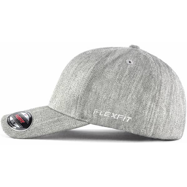 A grey cap with a curved brim and a logo, featuring a textured fabric design.