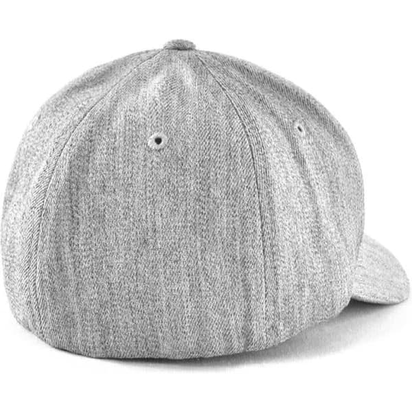 A grey cap with a textured fabric and a curved brim, featuring a logo on the back.