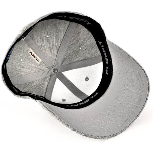 A grey cap with a black inner band and a branded label, viewed from above.
