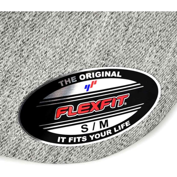 A grey cap with a woven texture features a branded tag displaying the logo and size.