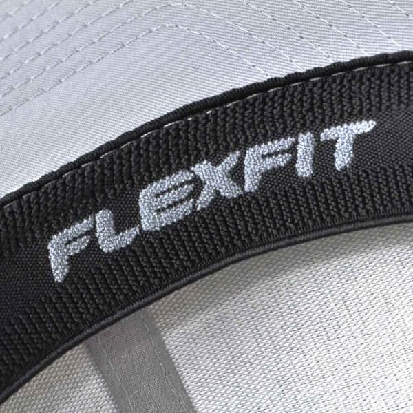 A grey cap featuring a branded black strap with the name "FLEXFIT" prominently displayed.