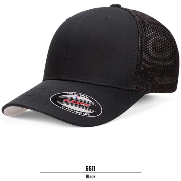 A black trucker cap with a mesh back and a logo on the front.