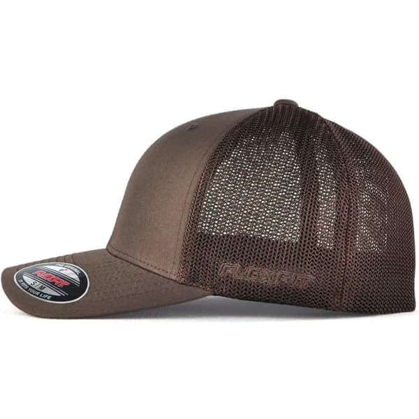 A brown trucker cap with a mesh back and a curved brim, featuring a logo on the side.