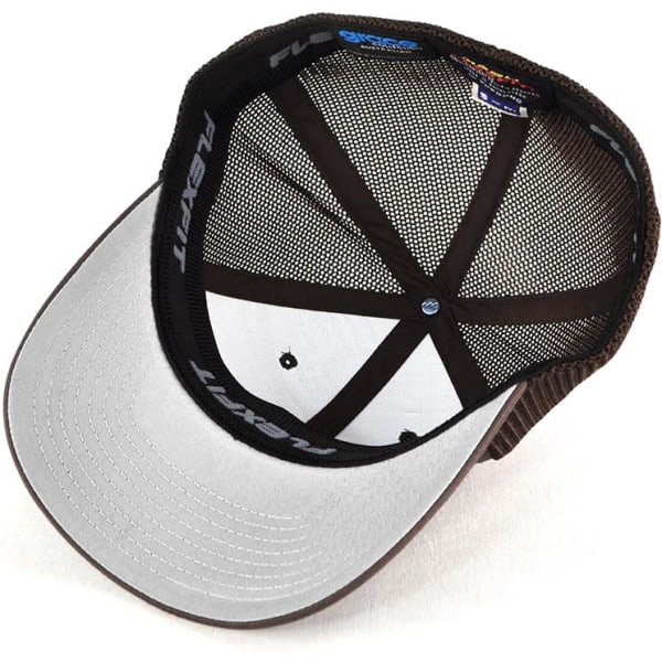 A brown trucker cap with a grey peak and mesh interior, featuring a logo inside.