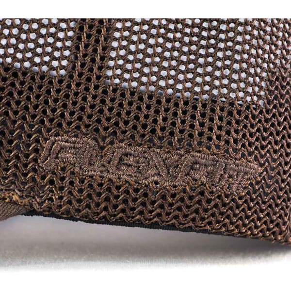 A brown mesh trucker cap featuring a logo, showcasing the detailed stitching and breathable fabric.