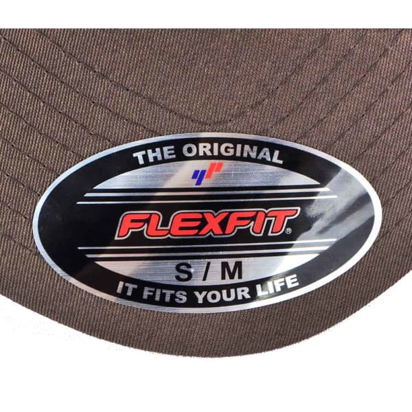 A brown trucker cap with a branding sticker featuring the name "FLEXFIT" and size designation S/M.