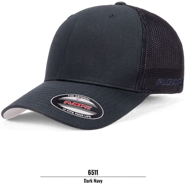 A dark navy trucker cap featuring a mesh back and a logo on the side.