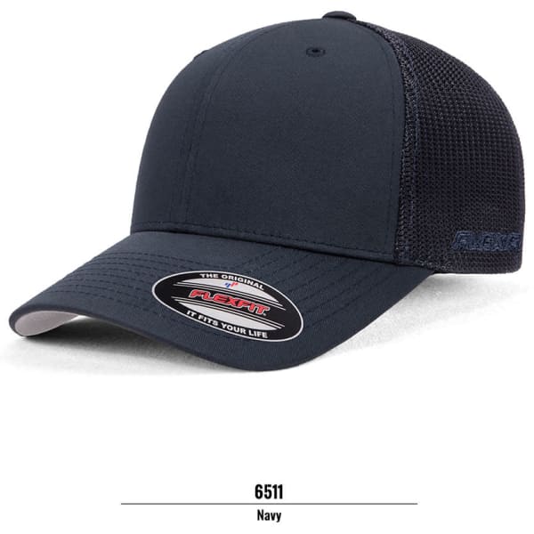 A navy trucker cap featuring a breathable mesh back and a curved brim, with a logo on the side.