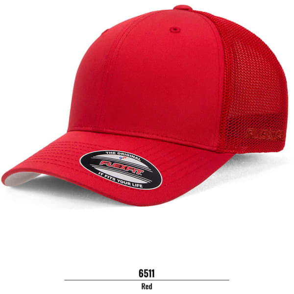 A red trucker cap with a mesh back and a logo on the side.