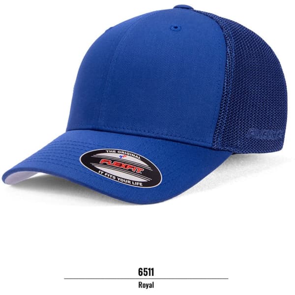 A royal blue trucker cap with a solid front panel and mesh back, featuring a logo on the front.